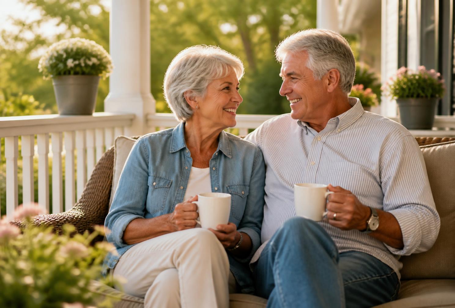 Senior couple enjoying coffee together on the porch of the home they love